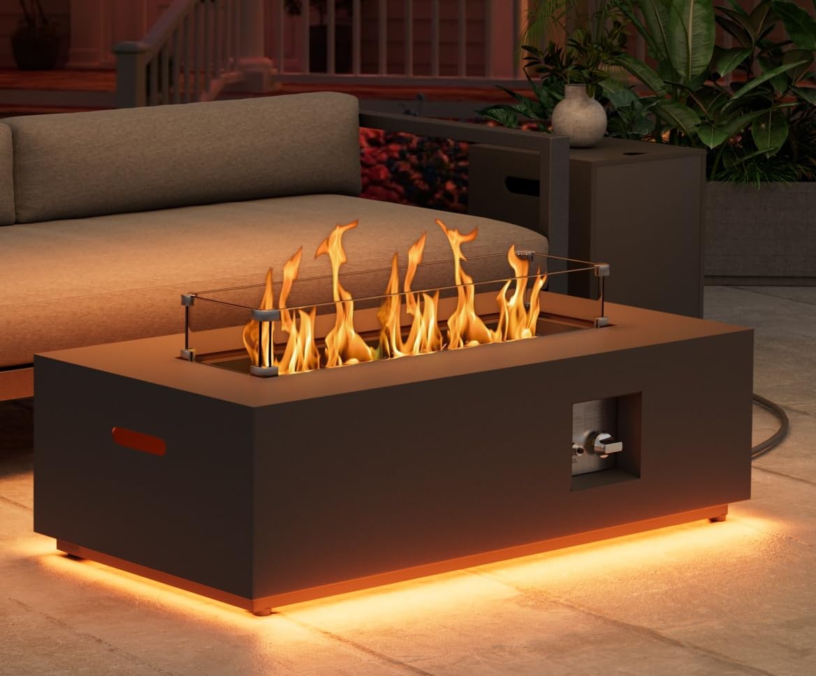 2-Piece 42" Rectangular Propane Fire Pit Table for Outside Patio 50,000 BTU