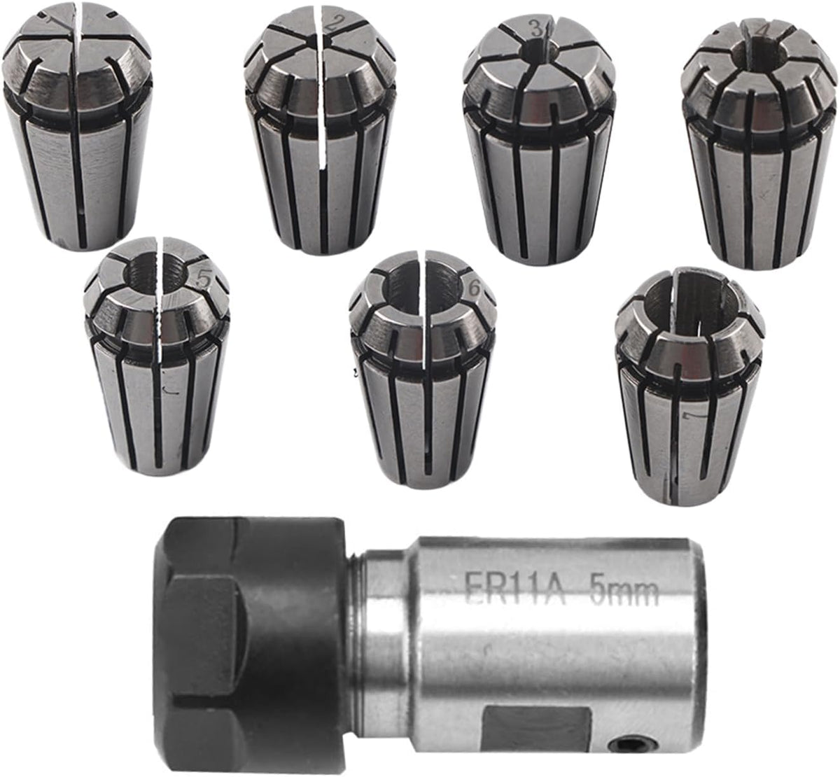 7PCS ER11 Collet Set, 1-7mm Spring Collet Set with 5mm Motor Shaft Holder Milling Extension Rod for CNC Engraving Machine and Milling Lathe Tool