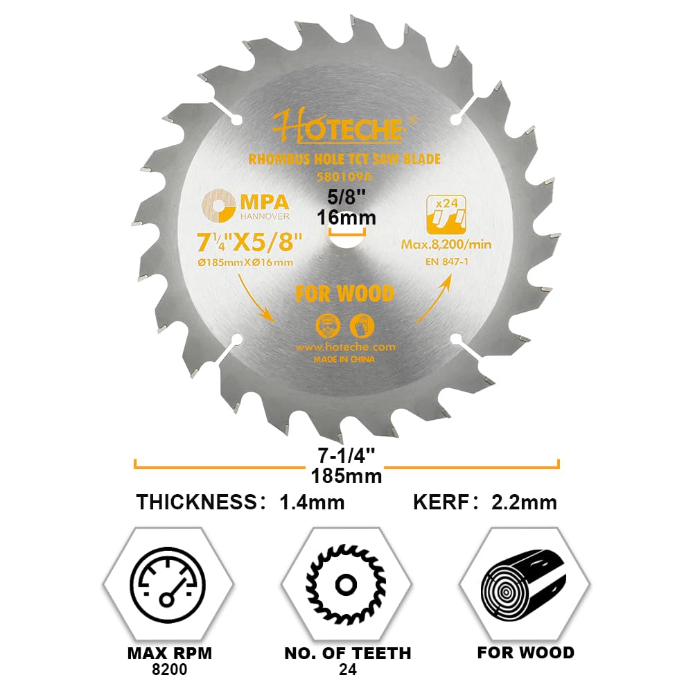 Hoteche 7-1/4-Inch Circular Saw Blade for Wood 24-Tooth Tungsten Carbide-Tipped Blade High-Performance Professioal Saw Blade for Circular Saws and Miter Saws, Rhombus Hole Size 5/8-inch