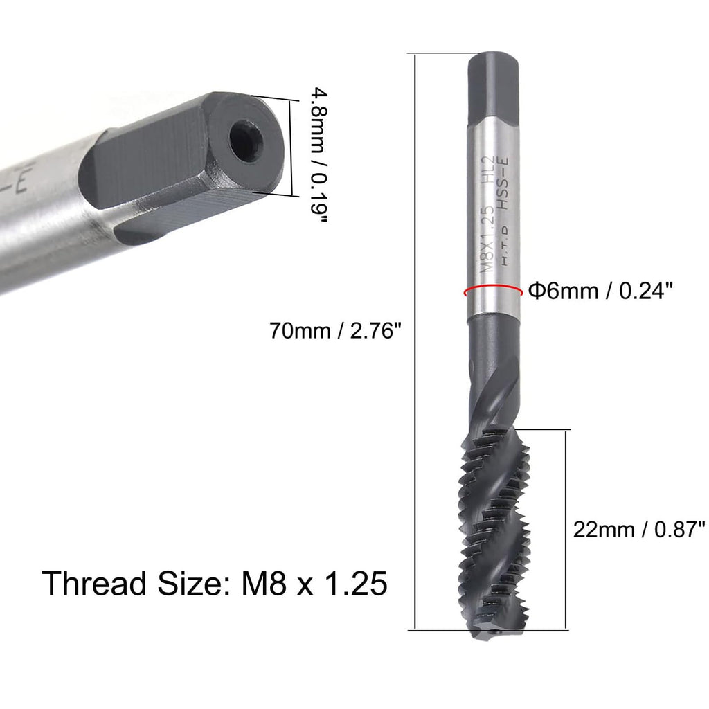 Boxonly Spiral Flute Thread Tap for Drilling and Tapping Aluminum Die Steel Stainless Steel Bronze and Hard Plastics Metric Machine Threading Tap High Speed Steel H2 Tolerance M8 x 1.25mm 2pcs