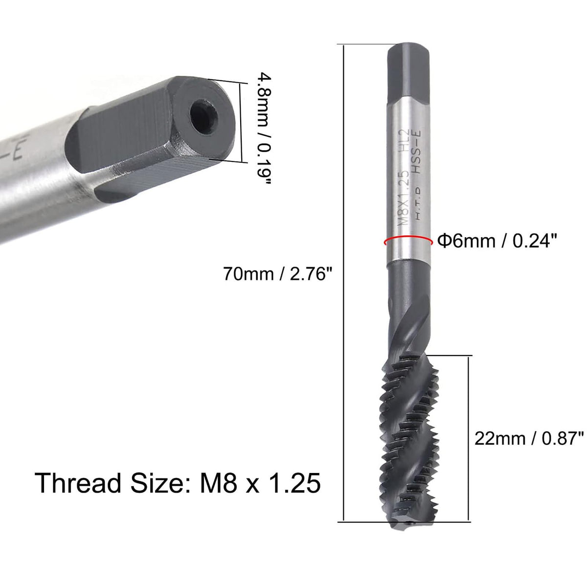 Boxonly Spiral Flute Thread Tap for Drilling and Tapping Aluminum Die Steel Stainless Steel Bronze and Hard Plastics Metric Machine Threading Tap High Speed Steel H2 Tolerance M8 x 1.25mm 2pcs