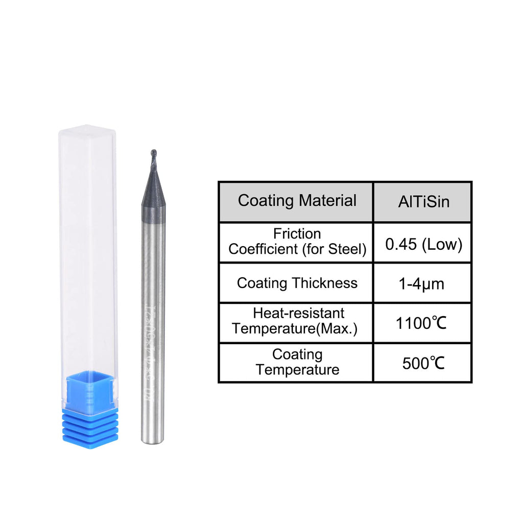 uxcell Ball Nose End Mill 0.5mm Tip Radius Solid Carbide AlTiSin Coated CNC Router Bits 2 Flute Spiral Milling Cutter HRC45 with 4mm Shank 50mm (2-inch) Length