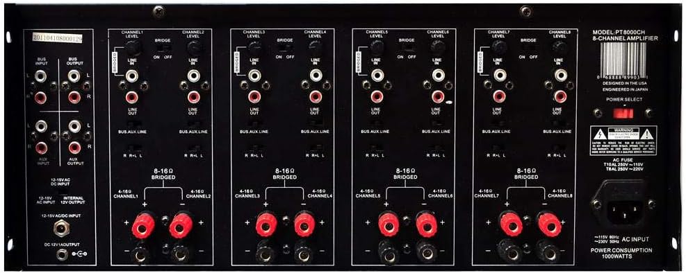 4 Multi-Zone Stereo Amplifier - 19” Rack Mount, Powerful 8000 Watts with Speaker Selector Volume Control & LED Audio