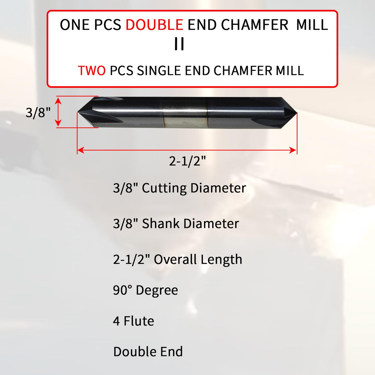 3/8" Chamfer Mill, Carbide, 4 Flute, 90°, Double End, AlTiN Coated