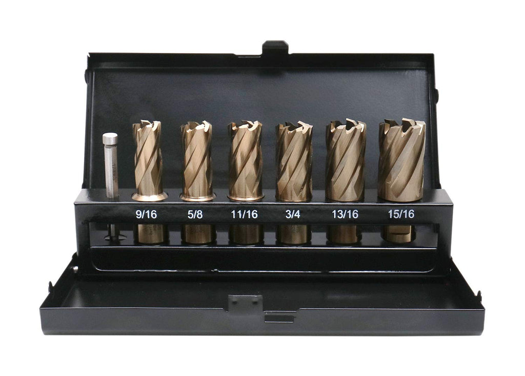 Accusize Industrial Tools 9/16" to 15/16", 7 Pc M35(H.S.S. Plus 5% Cobalt) Annular Cutter Set, 3/4'' Weldon Shank, 1'' Cutting, a Pilot, AC01-1000