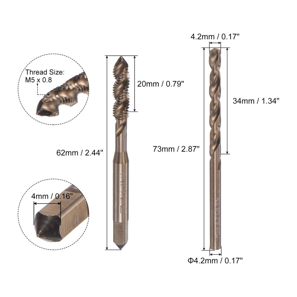 uxcell M5 x 0.8 Spiral Flute Tap and 4.2mm Twist Drill Bit Set, Metric M35 Cobalt High Speed Steel Machine Threading Screw Thread Tap Tool for Stainless Steel