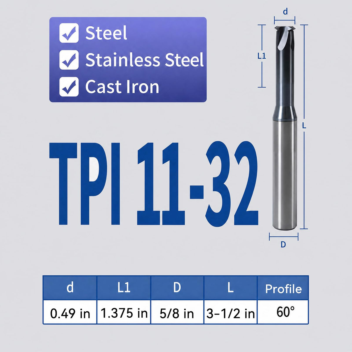 XYunEnZ Solid Carbide Thread Mill, 5/8" 11-32 TPI, 0.49" Dia, 4 Flute