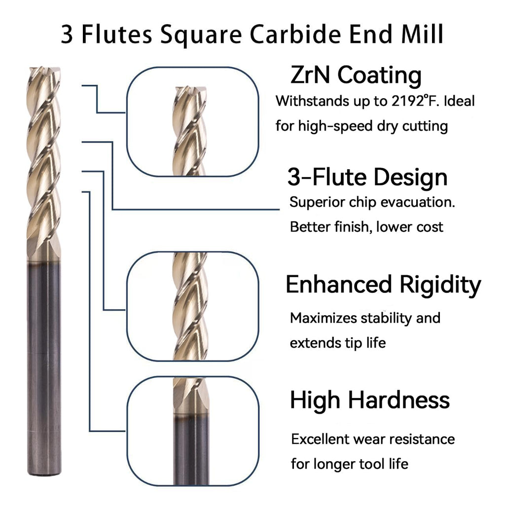 XYunEnZ 5/16" 3-Flute Square End Mill ZrN Coated Carbide, 5Pcs