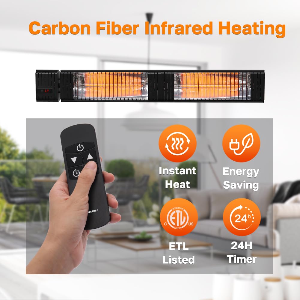 Infrared Heater, Carbon Fiber Heating for Outdoor/Indoor, Patio, Porch, Deck, Garage with Remote 24 Hours Timer, Hard