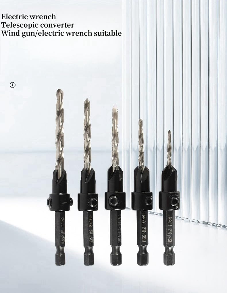 Socoje 5PCS Woodworking Countersink Drill Bits Set, Tapered Drill Bits Countersink HSS Conical Countersink with 1 Hex Wrench Woodworking Countersink Bit