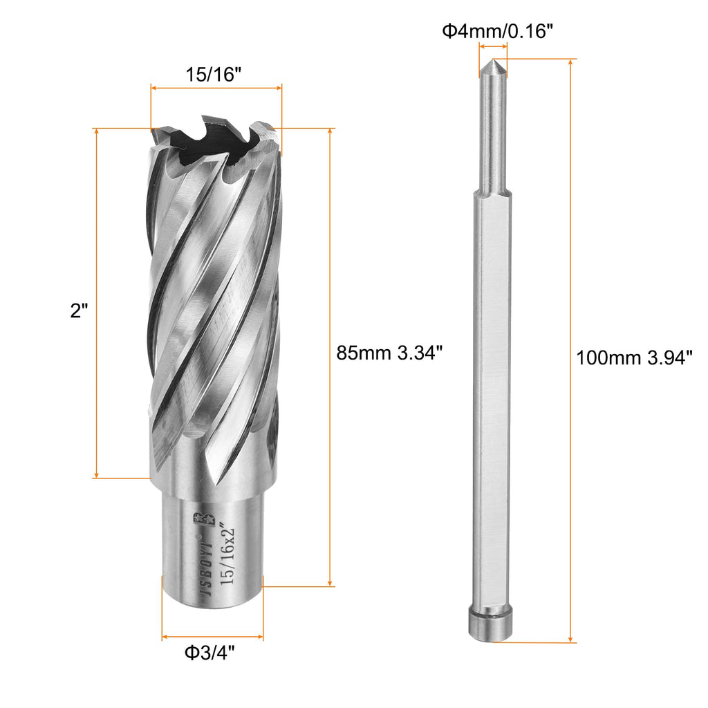 HARFINGTON Annular Cutter 15/16" Cutting Diameter Shank 3/4" with 2" Depth of Locating Pin M2 High-Speed Steel Drill Bit Annular Cutter for Standard Magnetic Drills Machine Tools Mills