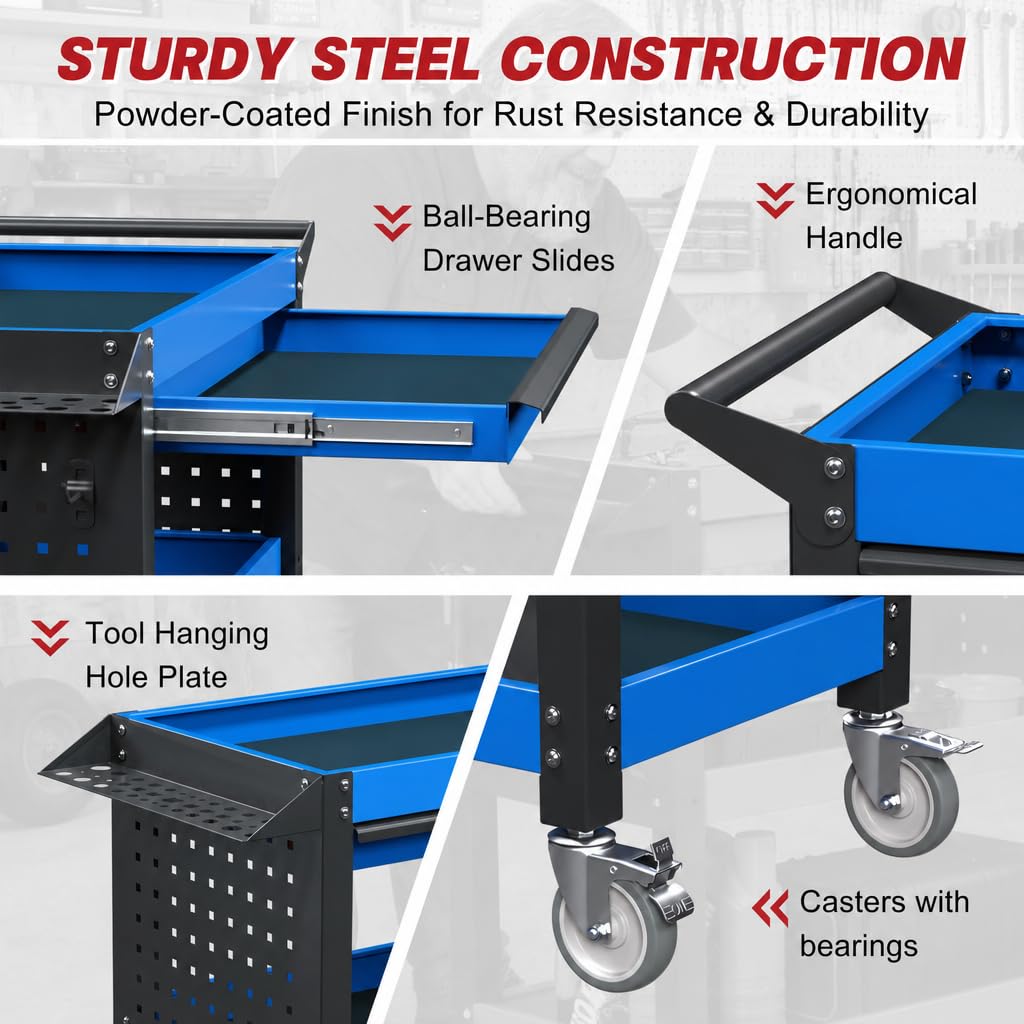 3-Tier Heavy Duty Metal Rolling Tool Cart with Drawers, Blue Black