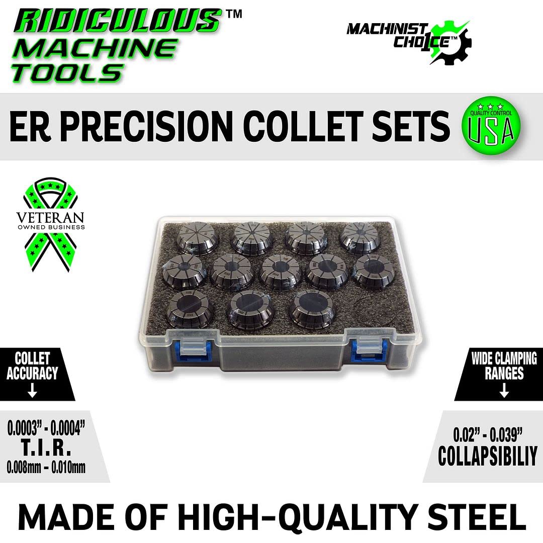 Ridiculous Machine Tools ER 25 High Precision Spring Collet SET 10 Piece 3/32" - 5/8" (0.0003) T.I.R. Machinist Choice