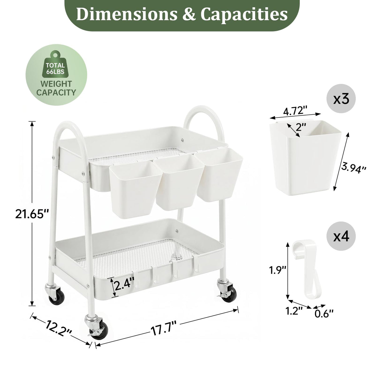 2-Tier Rolling Cart, White Utility Cart with Lockable Wheels