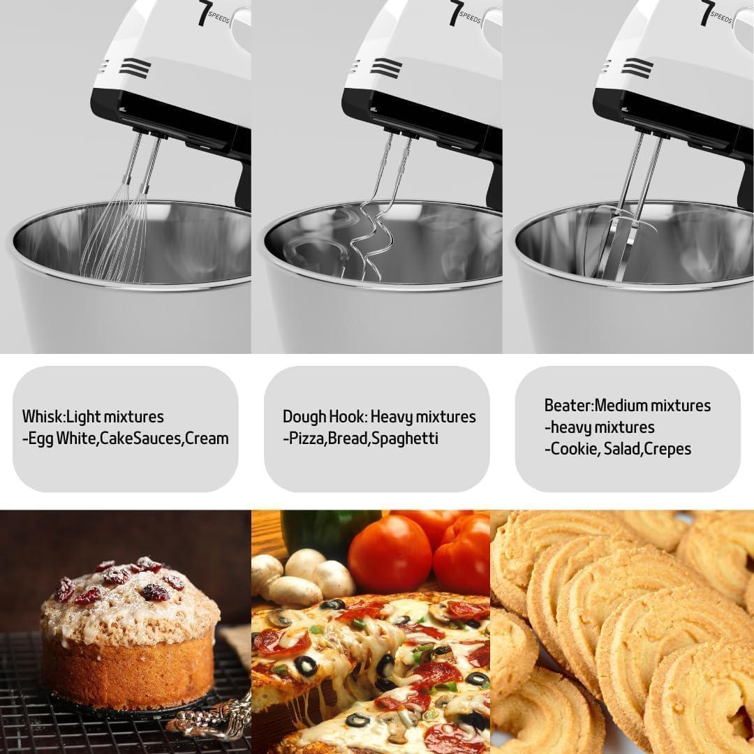 Stand Mixers, 7 Speeds With 3QT Stainless Steel Bowl, Stand and Hand Mixer with Dough Hook, Whisk, Mixing Beater for