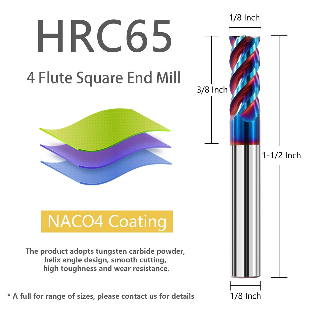 AYCHOLIZ 5PCS 1/8" Solid Carbide Square Nose End Mills Set 65HRC Tungsten Steel Milling Cutter 4 Flute CNC Milling Bits for Stainless Steel Hardness Steel