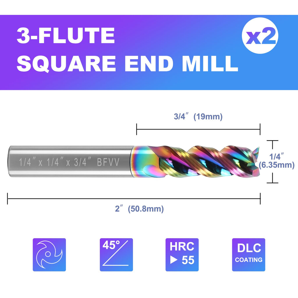 BFVV 1/4" Shank Carbide Square End Mill, 3-Flute for Aluminum & Copper