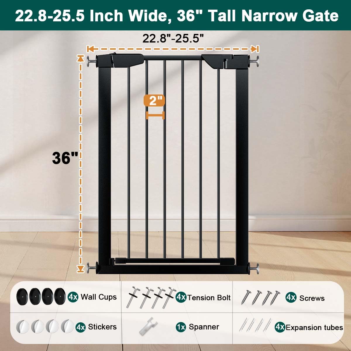 36" Tall x 22.8-25.5" Wide Extra-Tall & Extra-Wide Adjustable Hardware/Pressure-Mounted Pet & Child Safety Gate with Dual-Lock Walk-Through Swing Door for Stairs, Hallways & Wide Doorways