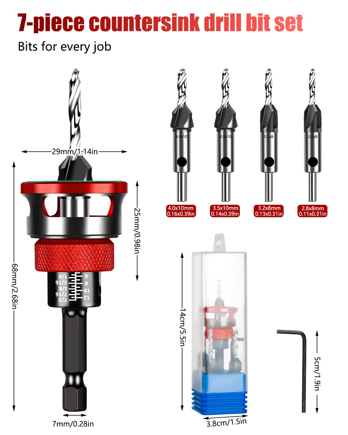 Countersink Drill Bit Set with Depth Stop Collar for Woodworking