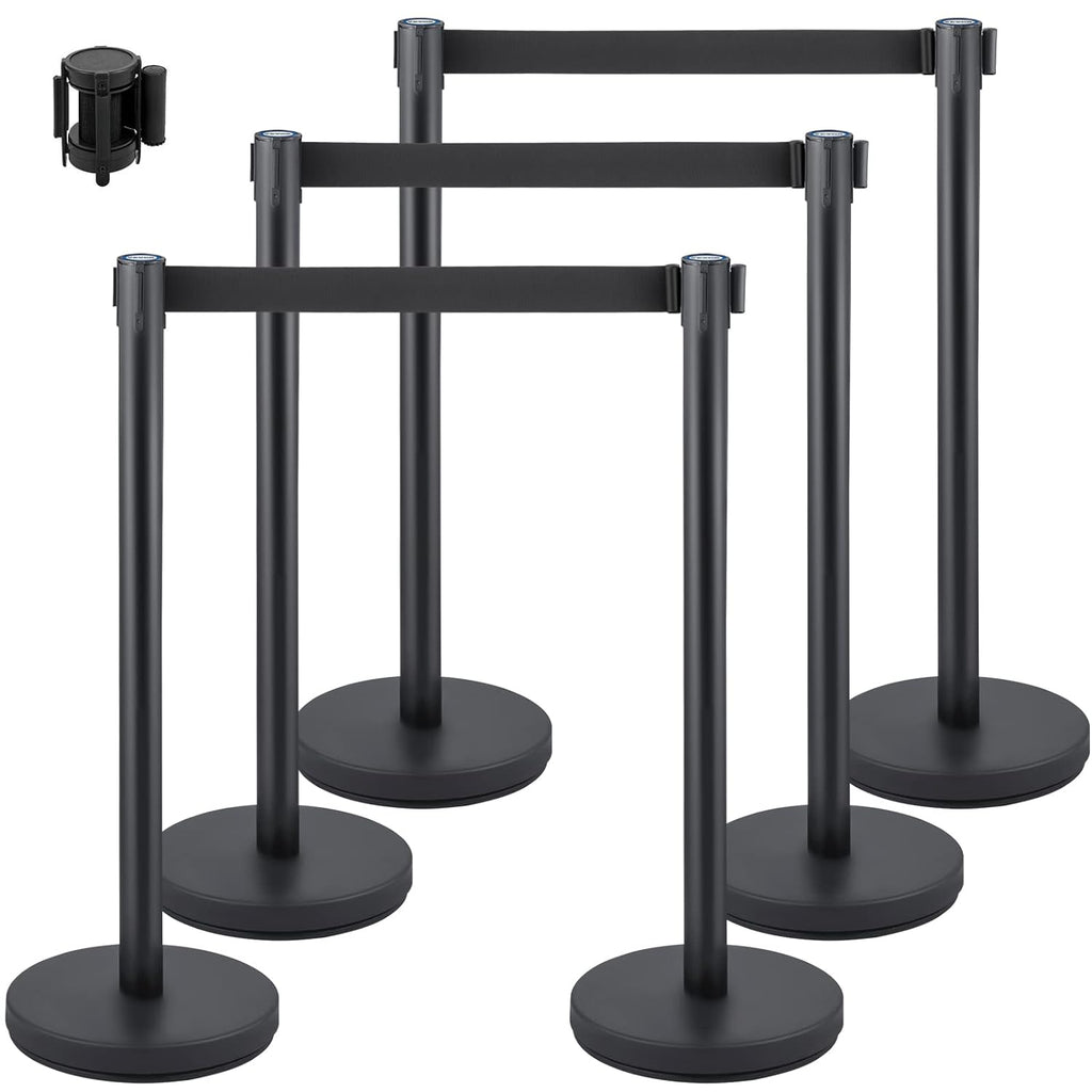 Crowd Control Stanchion Set, Stanchion Set with 6.6 ft/2 m Black Retractable Belt, Black Crowd Control Barrier