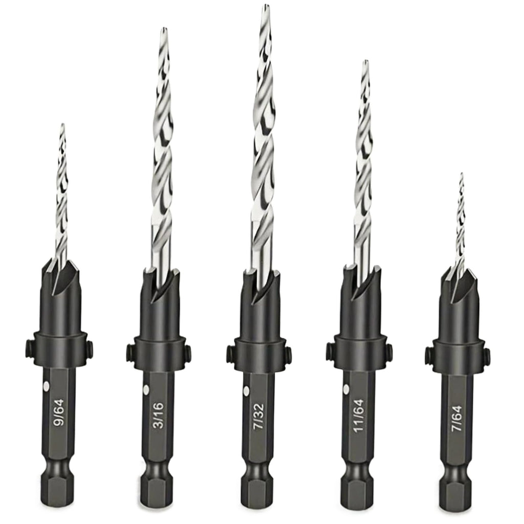 Socoje 5PCS Woodworking Countersink Drill Bits Set, Tapered Drill Bits Countersink HSS Conical Countersink with 1 Hex Wrench Woodworking Countersink Bit