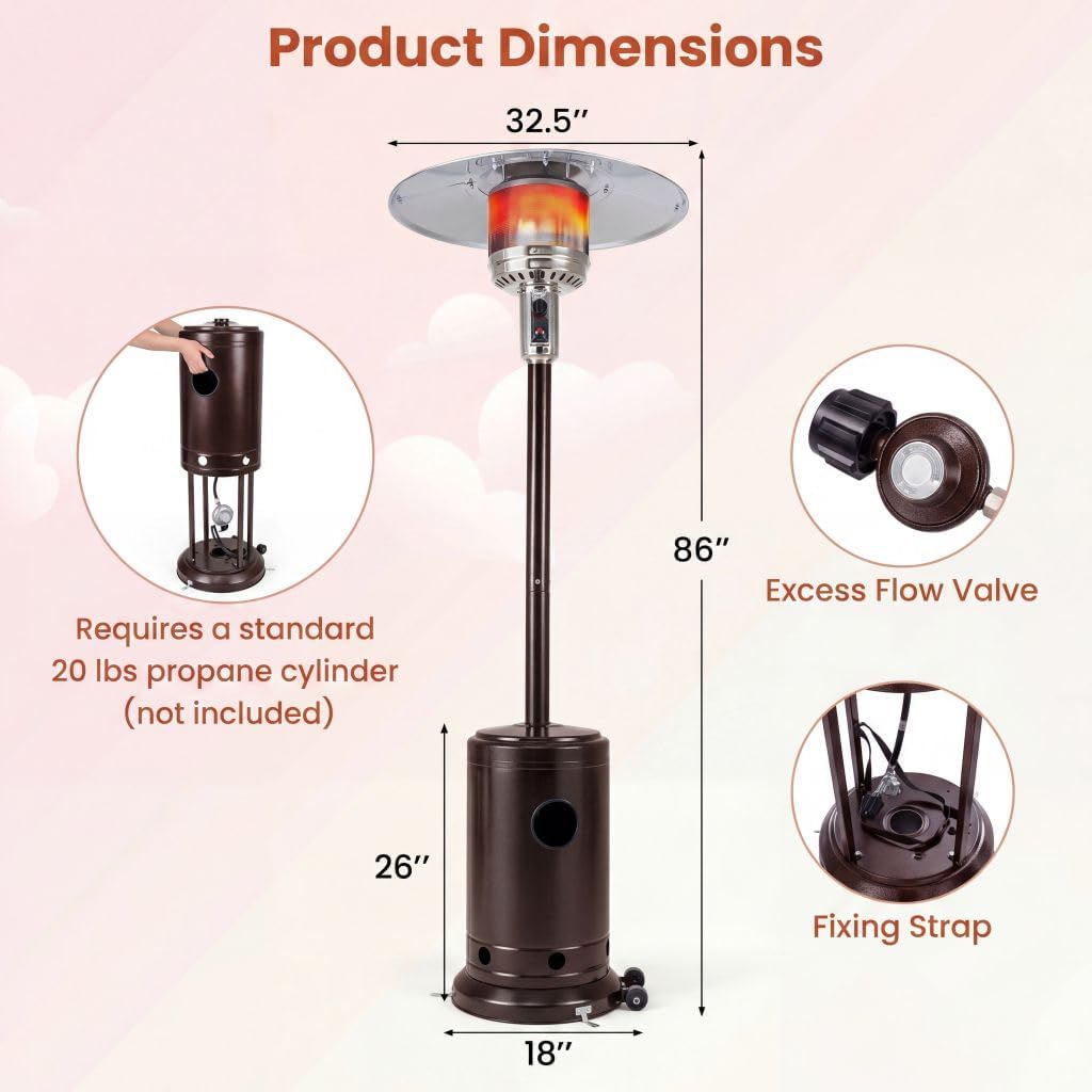 Outdoor Patio Heater, 47476 BTU Propane Heater with Stainless Steel Burner and Wheels, Triple Protection System