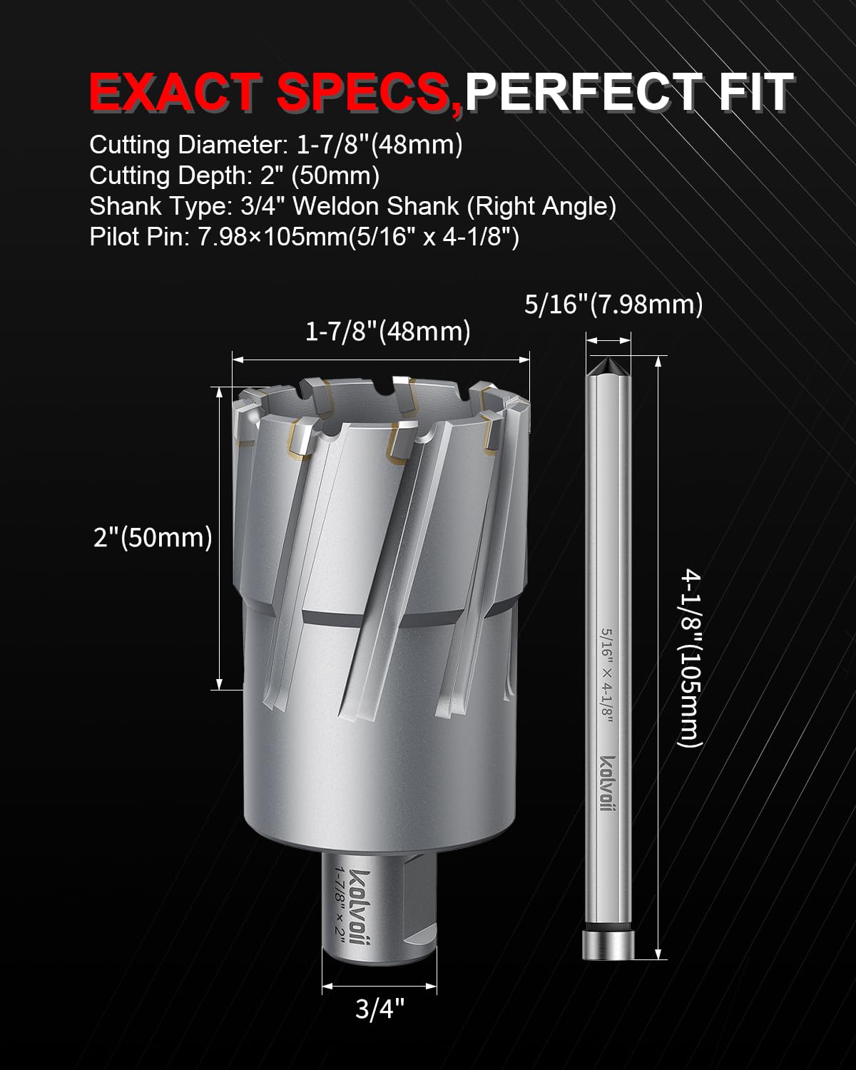Kolvoii TCT Annular Cutter 1‑7/8" Diameter x 2" Depth, Mag Drill Bit