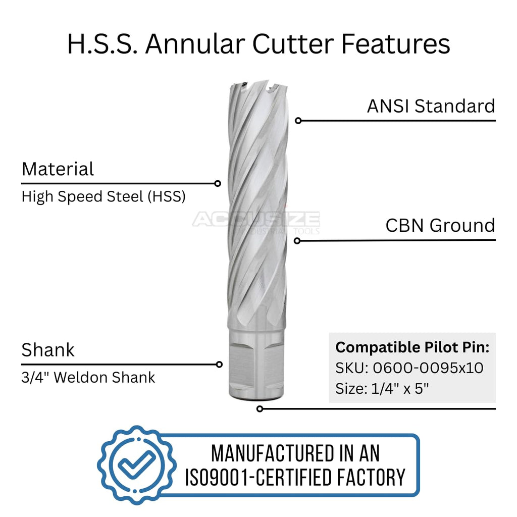 Accusize Industrial Tools 13/16'' Cutting Dia, 3/4'' Weldon Shank H.S.S. Annular Cutter, 3'' Cutting Depth, 2083-2018