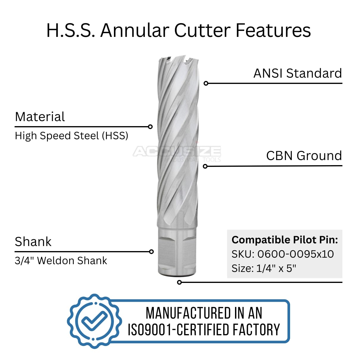 Accusize Industrial Tools 13/16'' Cutting Dia, 3/4'' Weldon Shank H.S.S. Annular Cutter, 3'' Cutting Depth, 2083-2018