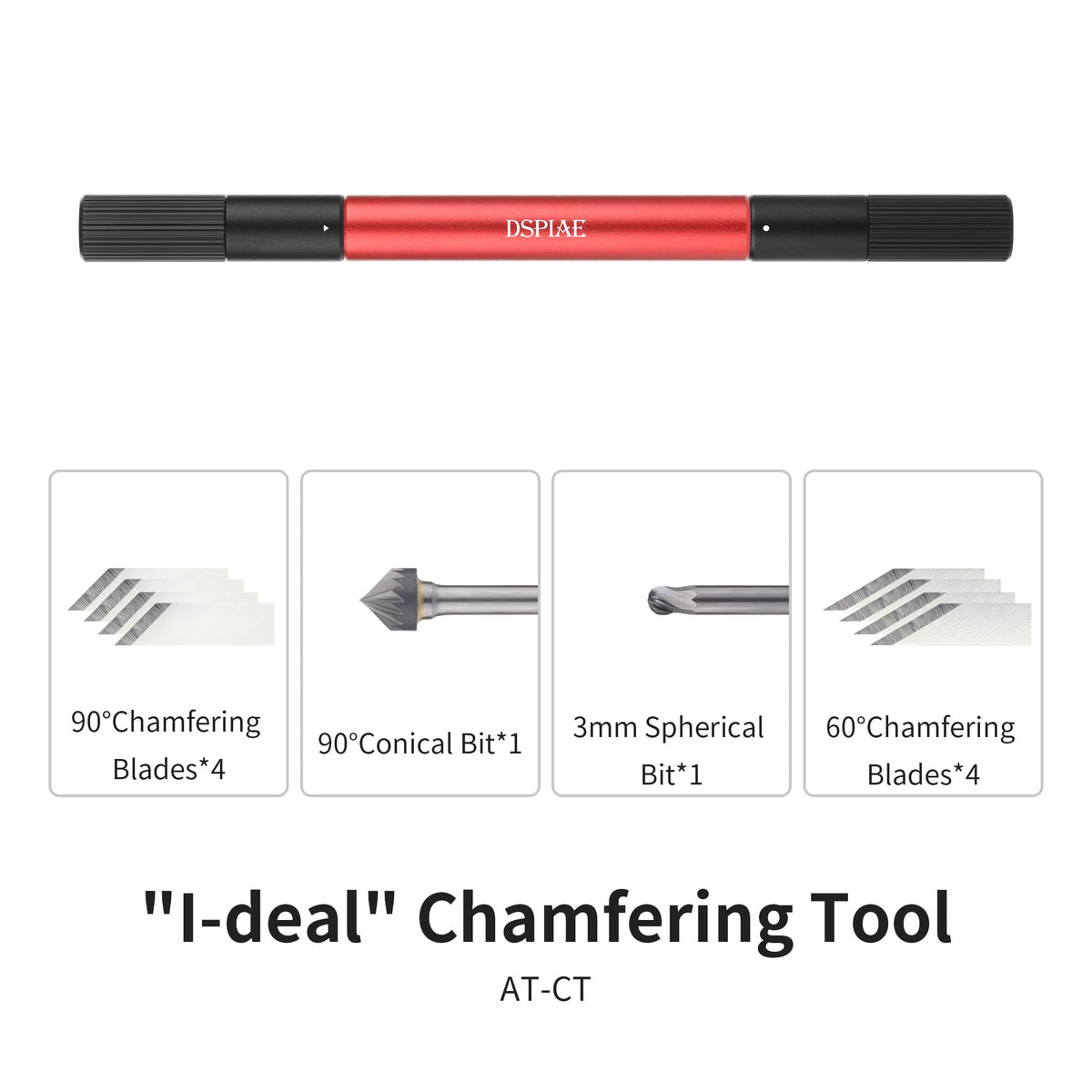 DSPIAE Chamfering Tool Set, 60 and 90 Degree Blades Each 4pcs, Conical and 3mm Spherical Bits with Handle
