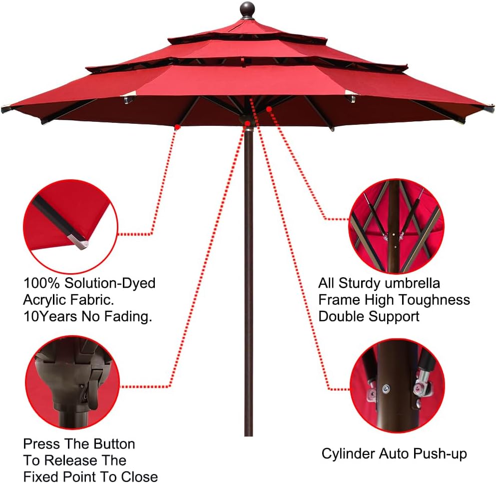 USA 10-Year-Non-Fading 11ft 3-Tier Market Patio Umbrella, Commercial Grade Outdoor Table Umbrella with Cylinder