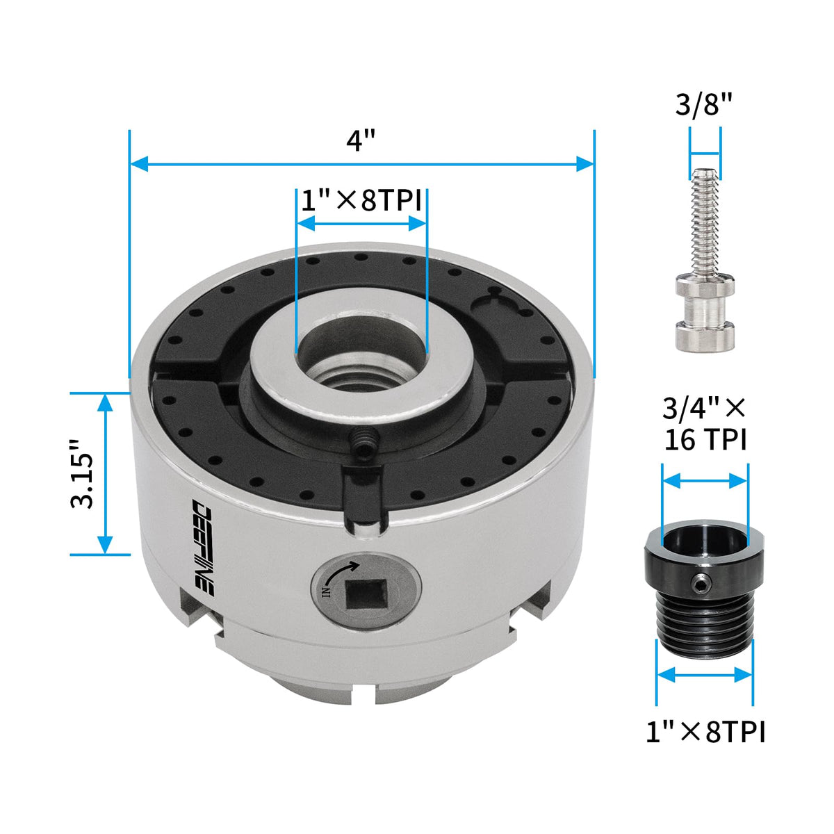 DEEFIINE 4" Nickel Plated Wood Lathe Chuck Set 1"x8TPI & 3/4"x16TPI Adapter