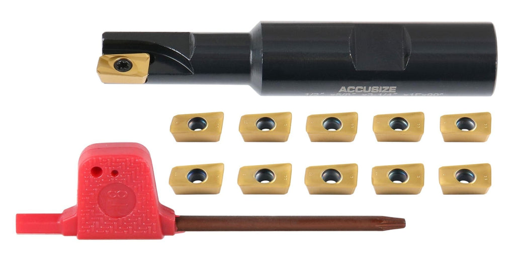 Accusize Industrial Tools 1/2" 90° Square Shoulder Indexable End Mill w/ 10 add'l APKT11T308 Inserts, 5/8" Shank, 3-1/4" OAL, 0.433" ap, 1 Flute, APKT11T308, Carbide Insert, 0056-0913+0056-1130