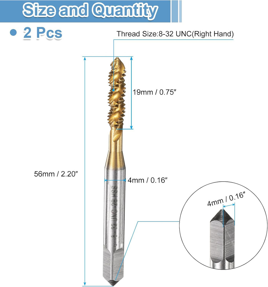 uxcell 2pcs Spiral Flute Thread Taps 8-32 UNC 2B Machine Threading Tap Bit, Titanium Coated Screw Tapping Repair Tool, M2 High-Speed Steel (HSS)