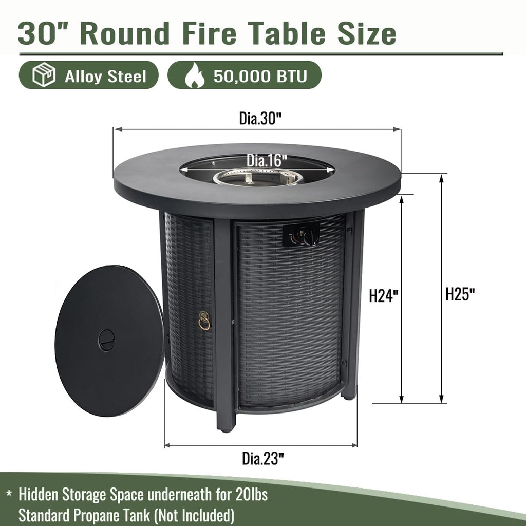 30 Inch Propane Fire Pit Table, Round Outdoor 50000 BTU, Steel, Black