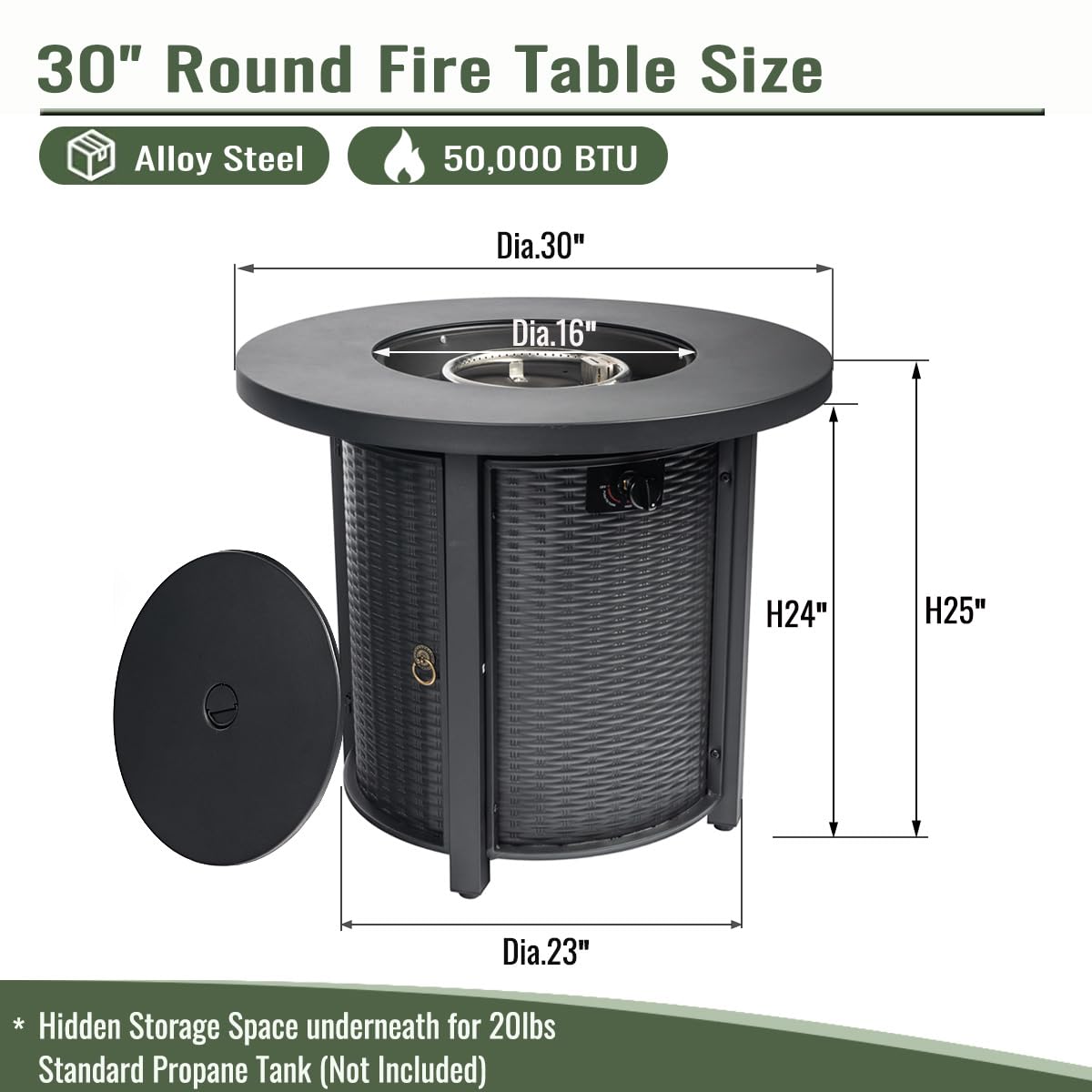 30 Inch Propane Fire Pit Table, Round Outdoor 50000 BTU, Steel, Black
