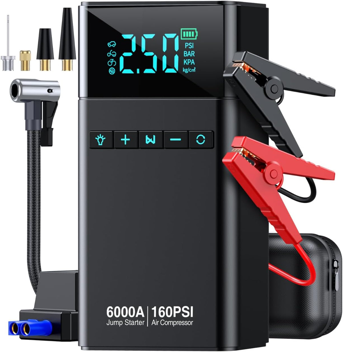 10-in-1 Portable Car Battery Jump Starter with Air Compressor, 6000A 160PSI Portable Car Jumper Starter (All Gas 12L