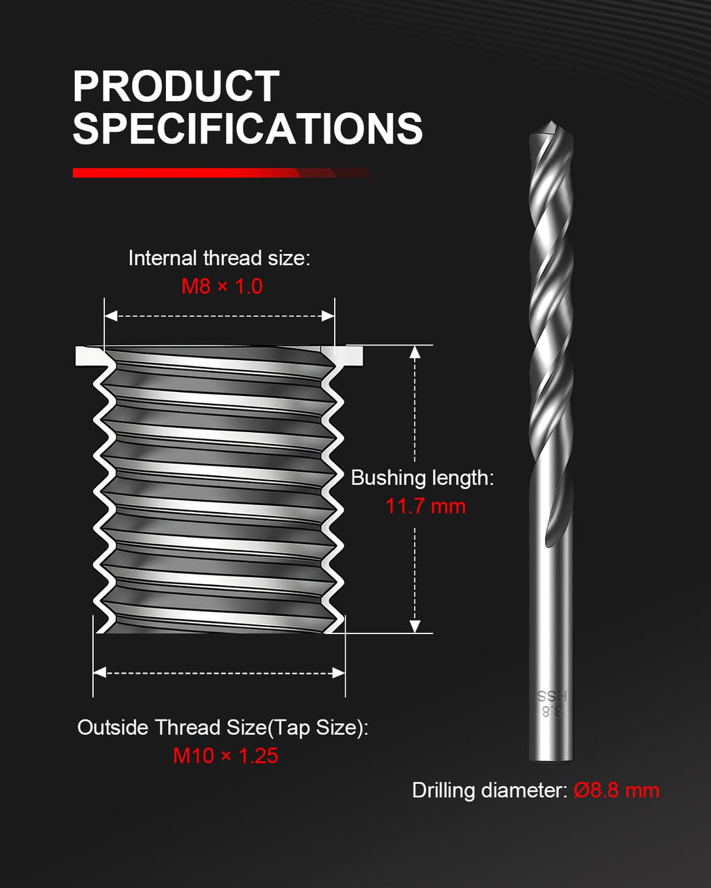 Kolvoii M8x1.0 Thread Repair Kit, 10 Solid 304 Stainless Steel Inserts