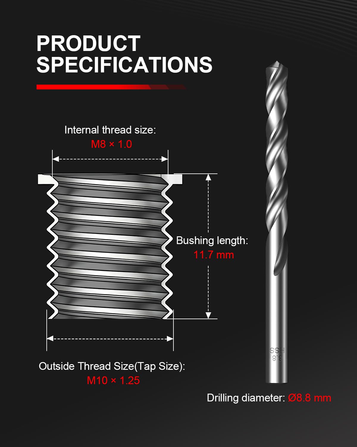 Kolvoii M8x1.0 Thread Repair Kit, 10 Solid 304 Stainless Steel Inserts