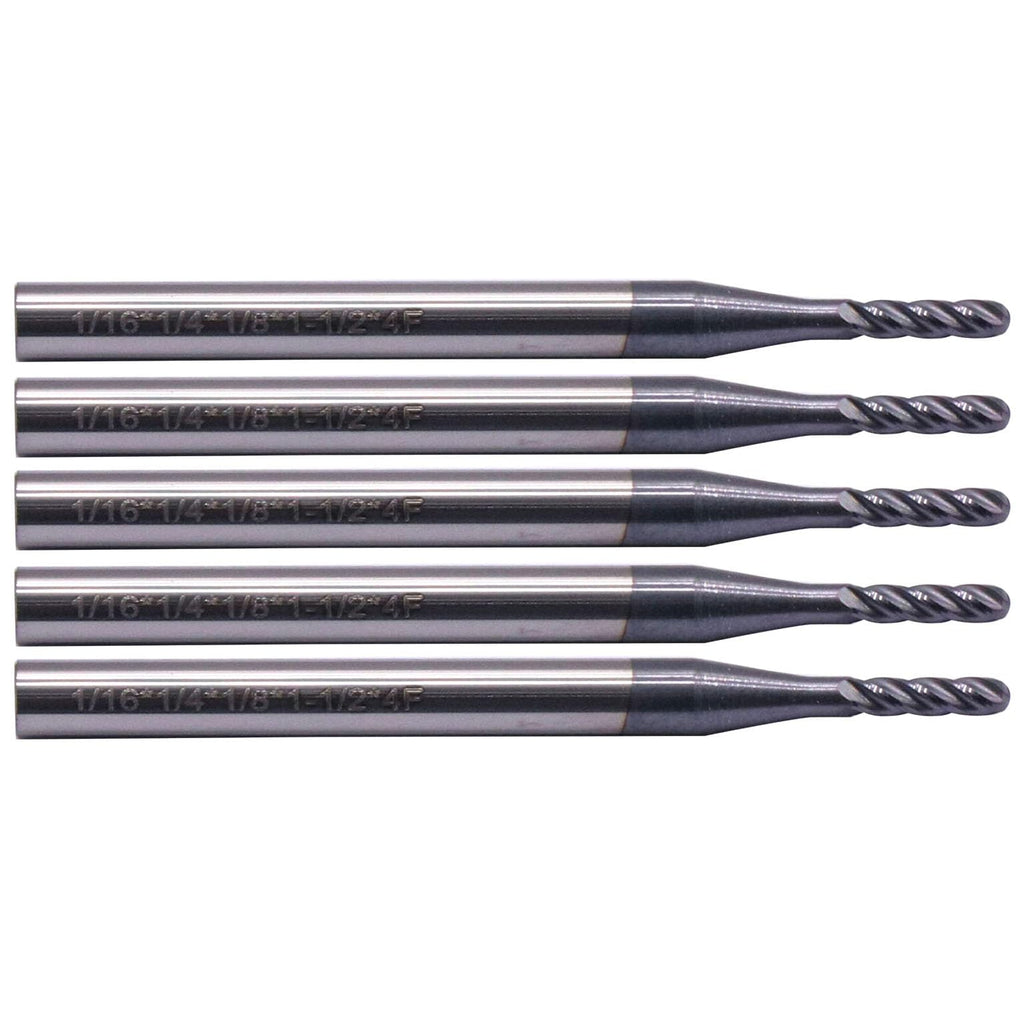 5Pcs 1/16" 4 Flute Solid Carbide Ball Nose End Mills - AlTiN Coated