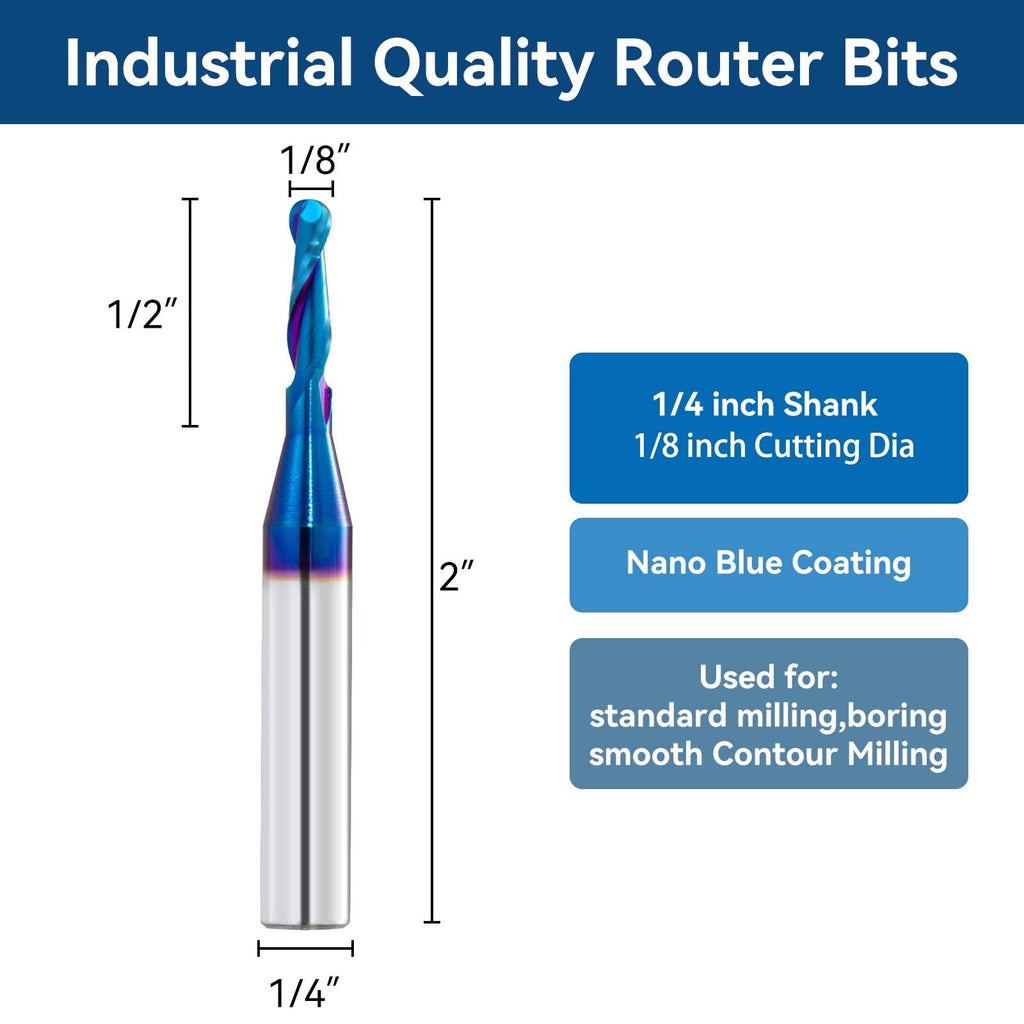 CNC Router Bits 1/4" Shank 1/8" Cutting Dia Carbide Ball Nose End Mill