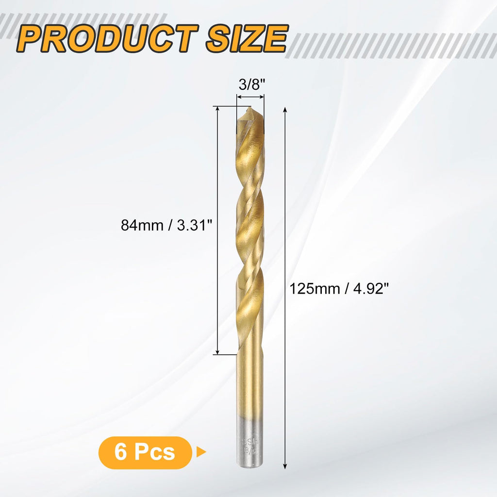 uxcell 6pcs Titanium Twist Drill Bit 3/8" Drilling Dia High Speed Steel Drills for Hardened Metal, Stainless Steel, Cast Iron, Wood, Plastic