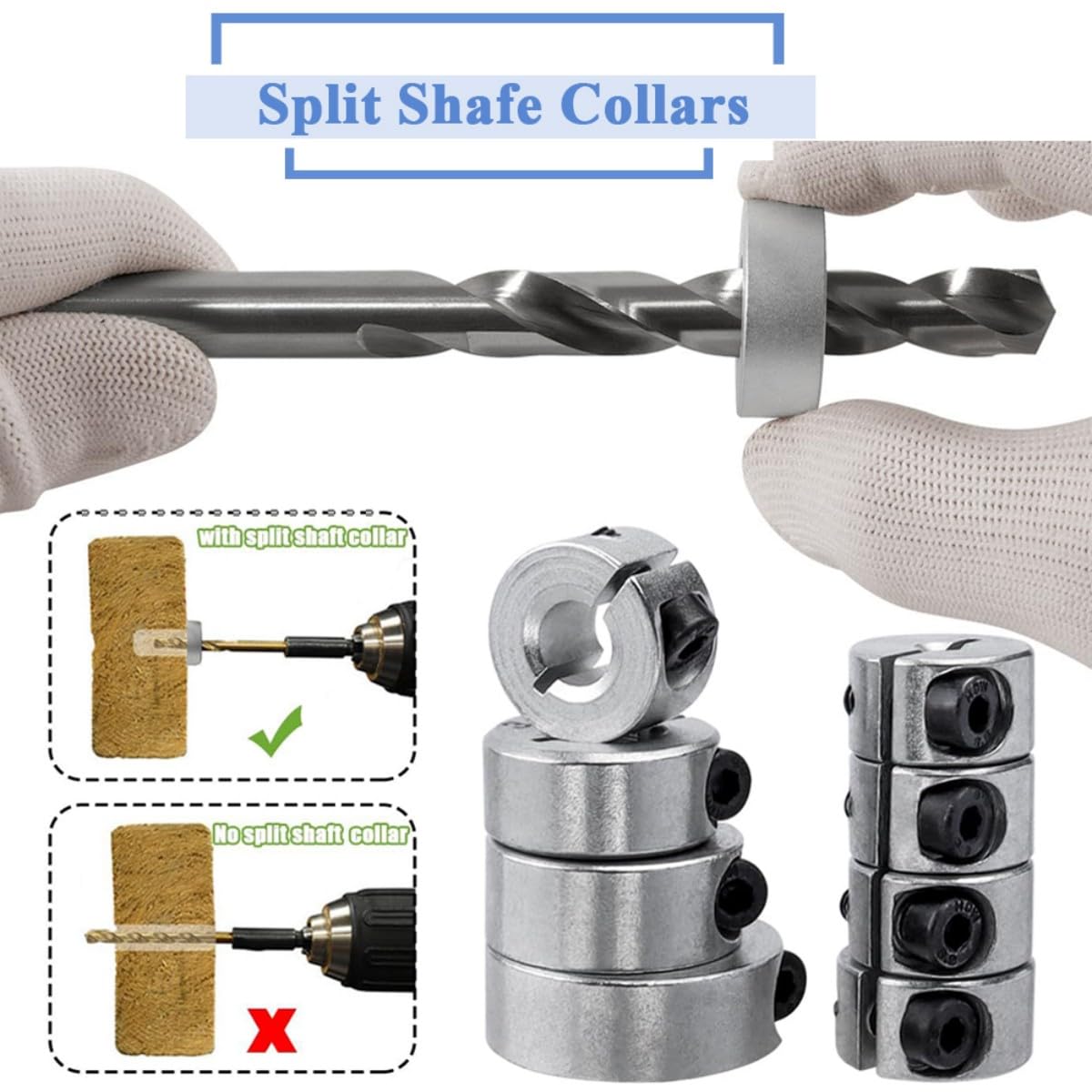 Wolfride Drill Bit Stop Collar Set, Drill Bit Depth Stop Collar Set Split Ring Clamping Shaft Collars Drilling Limit Ring 1/2", 7/16", 3/8", 5/16", 1/4", 7/32", 3/16", 1/8"