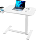 32Inch Bedside Table with Wheels, Height-Adjustable Rolling Computer Cart, Overbed Table with Cup Holder, Pneumatic