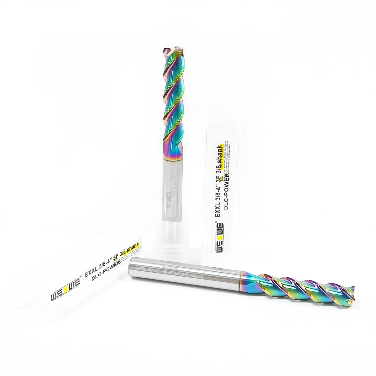 WEXWE Tools 3/8” Extra Long Carbide Square End Mill for Aluminum, Copper Alloy, Plastic, 4" Overall Length End Mill Bits, 3 Flute HRC 62 Deg DLC Coating, CNC Router Bits 3/8 Shank (3/8-4" 2PCS)