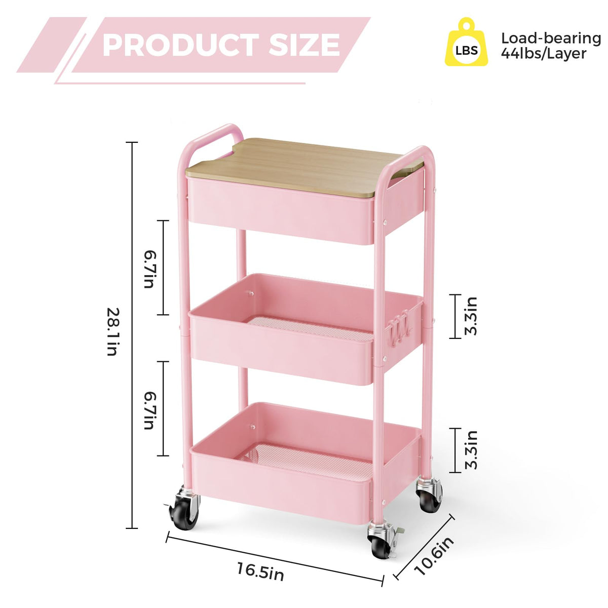 3-Tier Rolling Cart with Table Top, Metal Utility Cart on Wheels