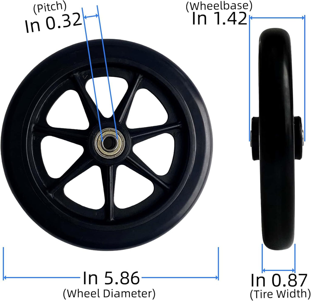 6" Black Walker Replacement Wheel, Hard Rubber, Fits Rollator