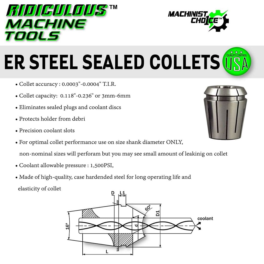 4MM ER32 STEEL SEALED Spring Collets METRIC (0.0003" T.I.R.) Coolant Collet 1500 MAX PSI Machinist Choice