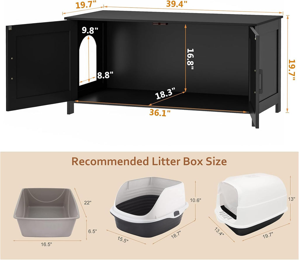 39.4" L Cat Litter Box Enclosure with Barn Door, Black