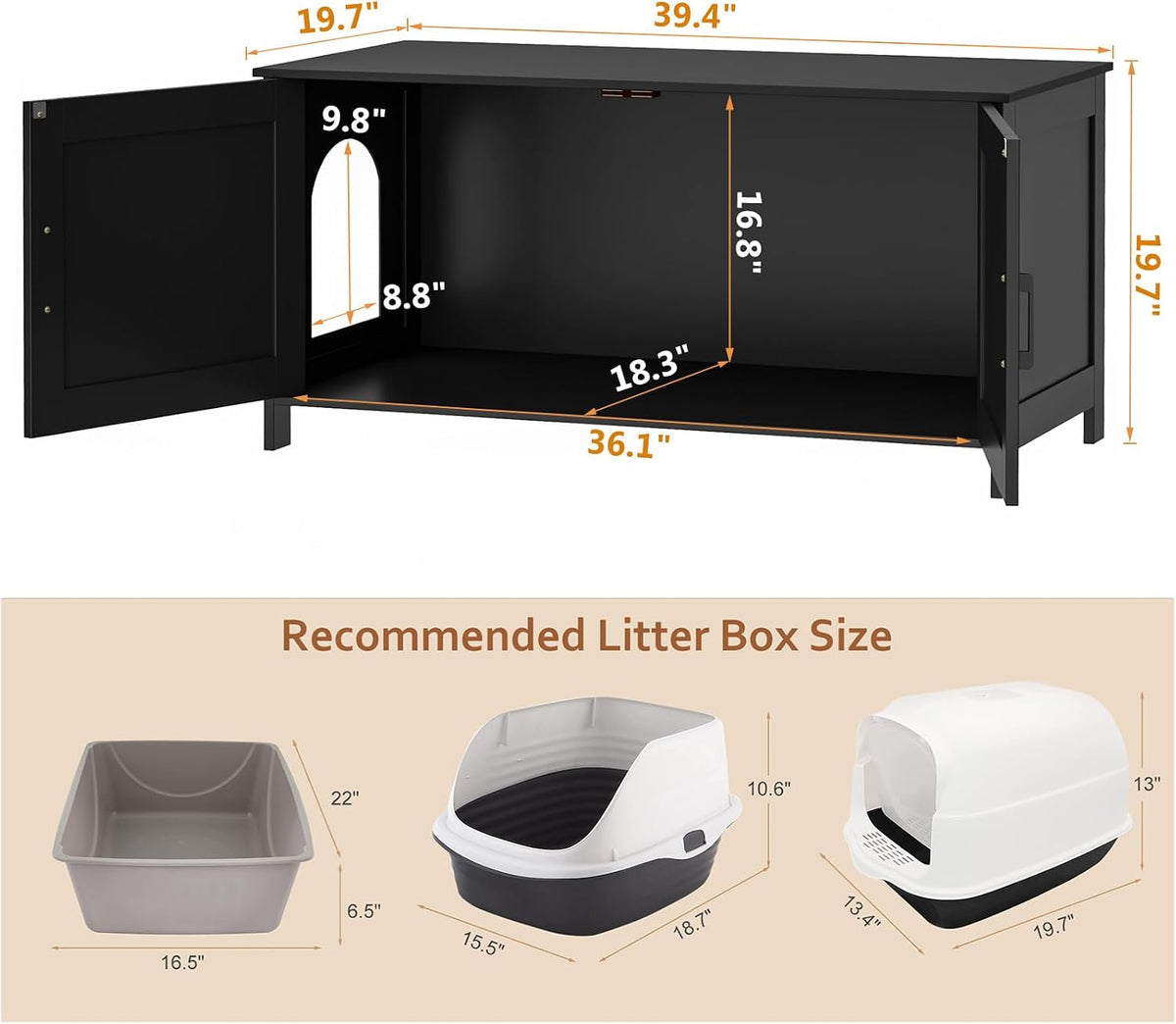 39.4" L Cat Litter Box Enclosure with Barn Door, Black